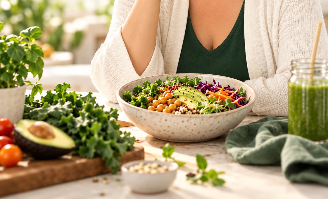 A colorful plant-based grain bowl with chickpeas, avocado and greens beside a green smoothie